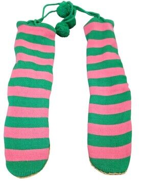 NWOT - Y2K Green & Pink Striped Pom-Pom Slipper Socks